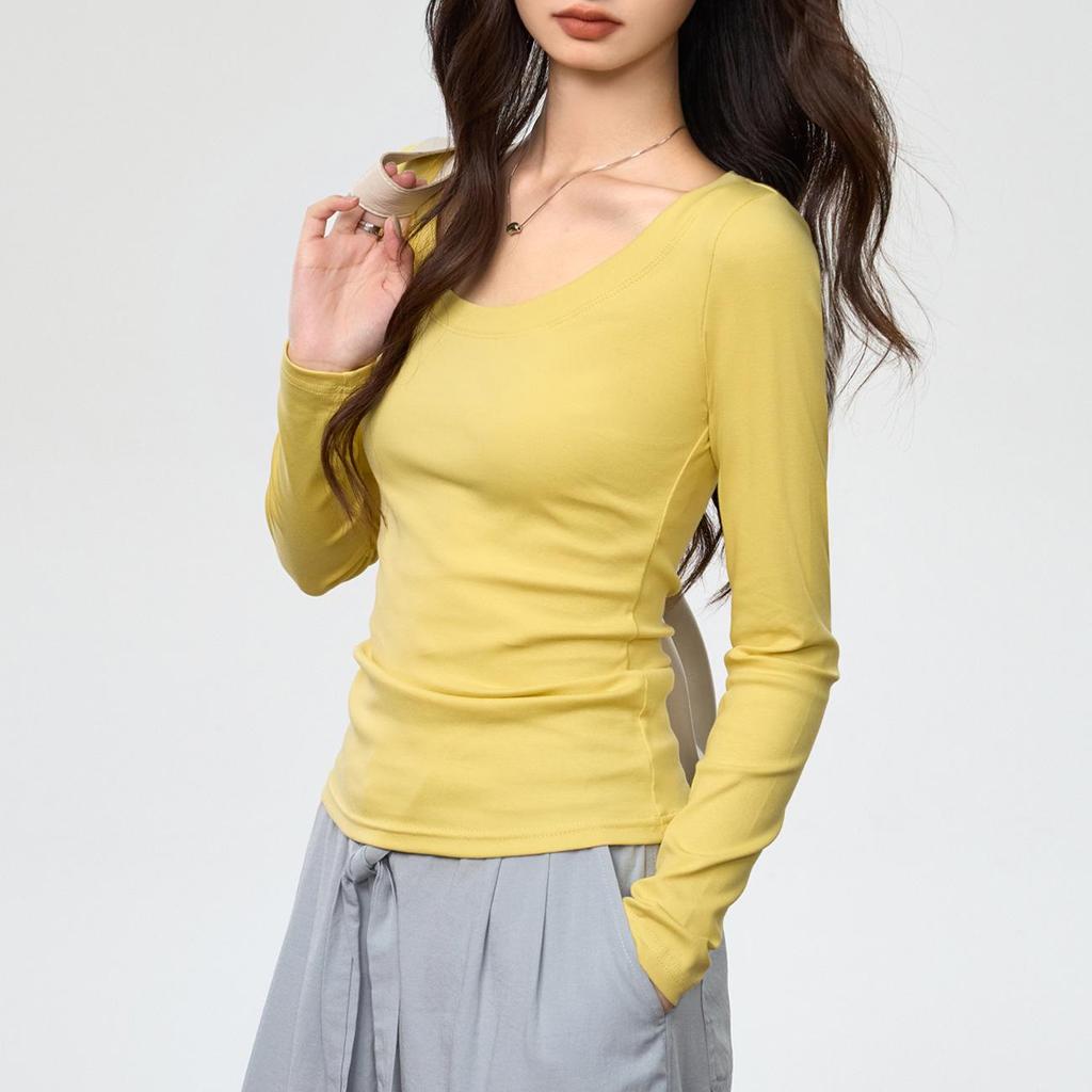 Damen gekämmte Baumwolle U-Ausschnitt Langarm Slim-Fit T-Shirt - Herbstmode, vielseitiges einfarbiges Oberteil