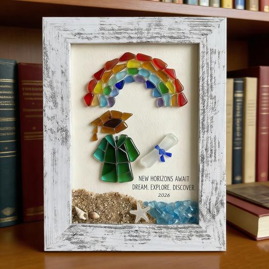 Sea Glass Graduation Art Class of 2026 Keepsake Gift Handmade Sea Glass Wall Art Frame Decor with Rainbow Gift for High School College Graduate