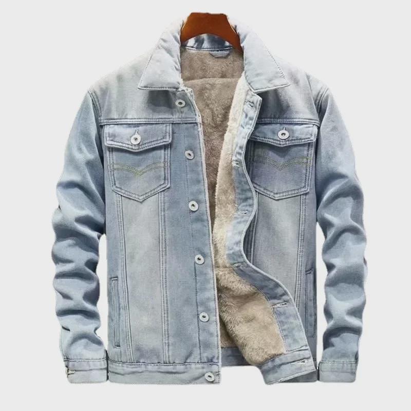 Men's Velvet-Lined Denim Jacket: Warm Cotton Coat In Japanese Fashion for Autumn and Winter.