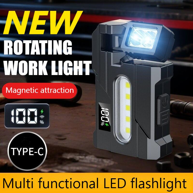 USB-C LED Flashlight Mini Pocket Torch with Metal Clip 90°/270° Adjustable Head & Built-in Battery Outdoor Emergency Work Light
