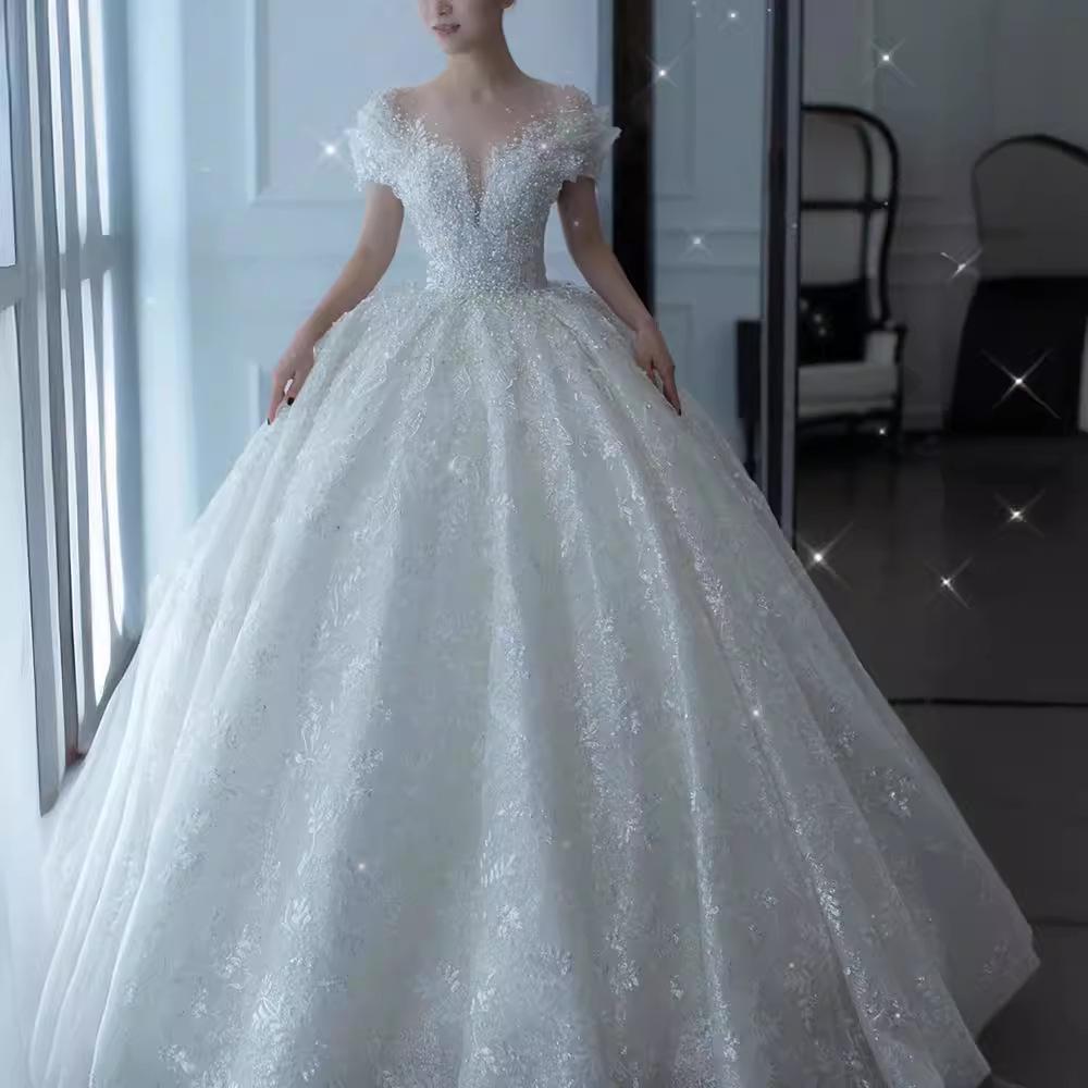 2025 French Luxury Wedding Dress for Petite Pregnant Bride - Princess Style with Train and Heavy Embroidery (D102)
