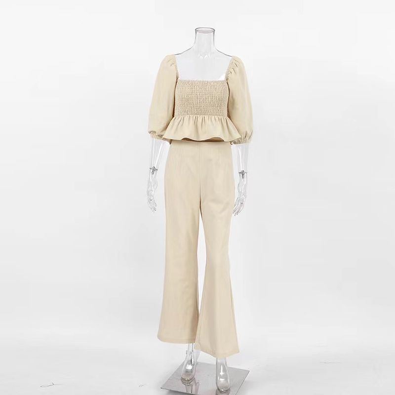 

New French style Square Collar Puff sleeve Pleated Backless Top High Waist Trousers Set Top and Pants Set Apricot S