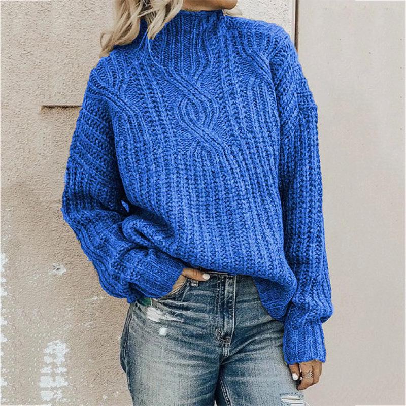 European & American Women's High Neck Cable Knit Sweater Pullover