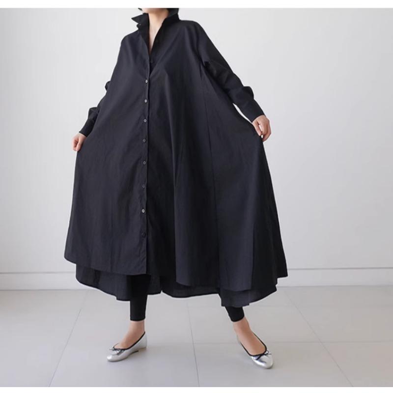 

Осенняя новая рубашка с длинными рукавами для женщин выше колена в корейском стиле, свободная рубашка большого размера, нестандартная, большого размера XL чёрный