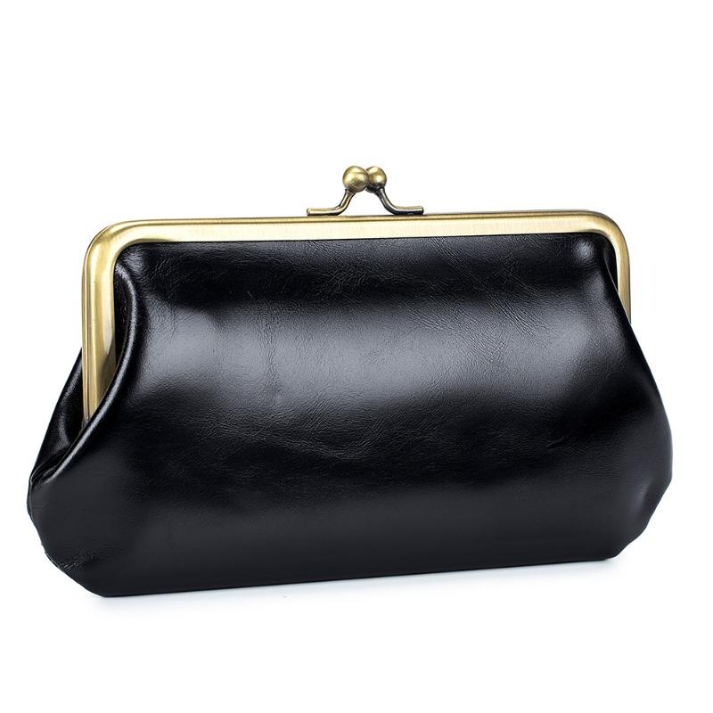 

New European and American retro clip bag, simple leather, long clutch bag, wallet, clutch mouth, gold storage bag, large capacity чёрный