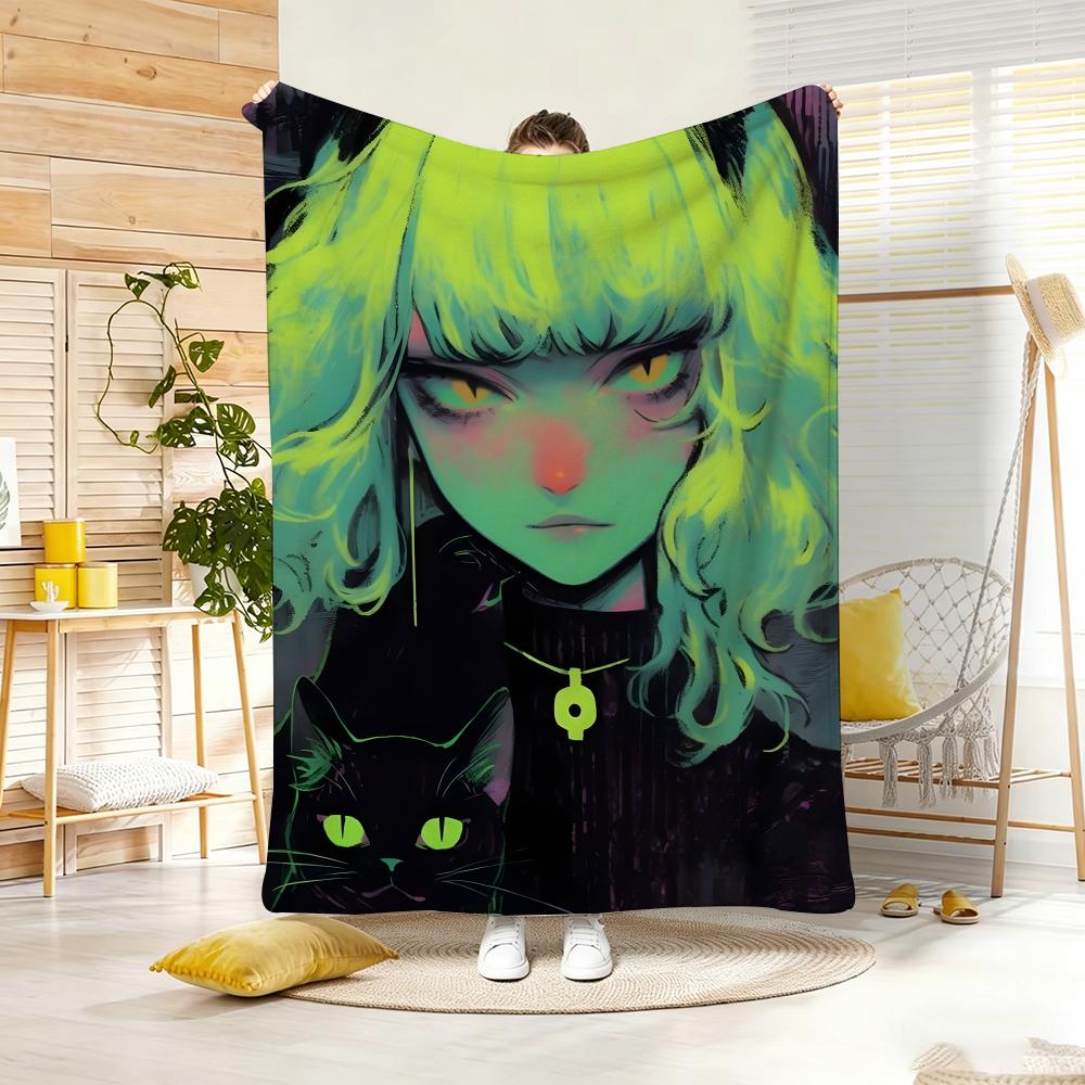 Artwork C-Cat Ear Girl Throw Lightweight 240g Flannel Blanket Soft Skin-friendly for Summer Cooling