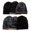 With Tag Fashion Fleece Lined Men's Winter Hat Warm Polyester Knitted Cap Striped Plain Beanies Male