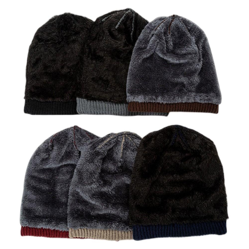 With Tag Fashion Fleece Lined Men's Winter Hat Warm Polyester Knitted Cap Striped Plain Beanies Male