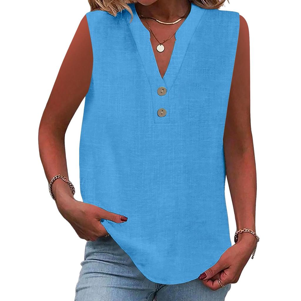 Women's Fashion Loose Standing Collar Button Cotton T-Shirt Color Sleeveless Top