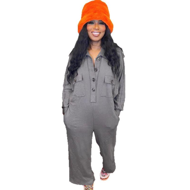 

K3713 Fashion Leisure Commute Lapel Sweater Wide Leg Jumpsuit Grey S