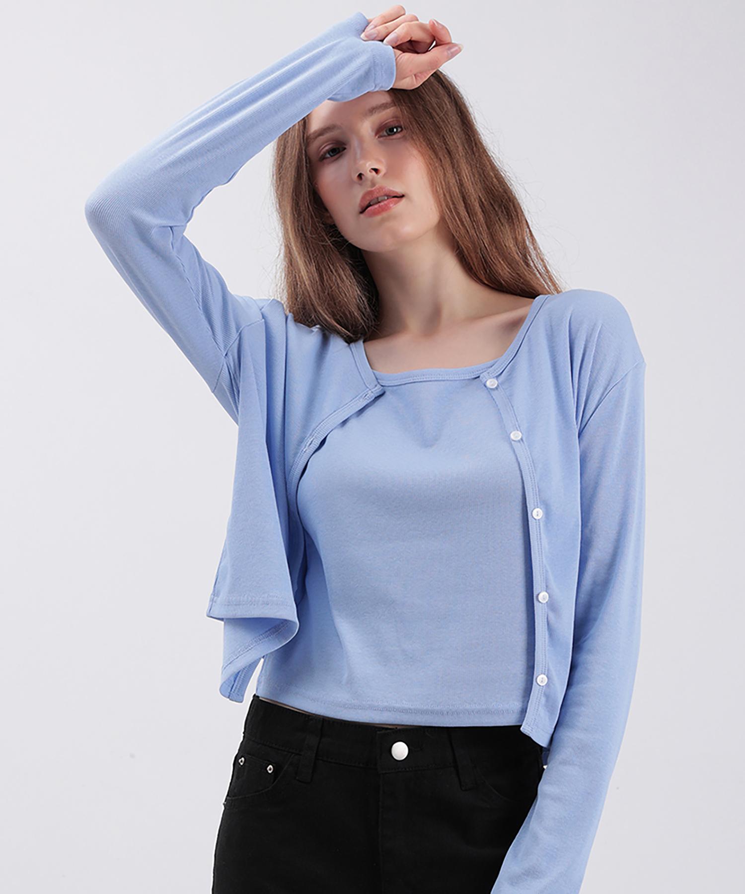 When You Move Basic Logo Embroidered Cardigan Sleeveless Set (3 Colors) Blue/Free