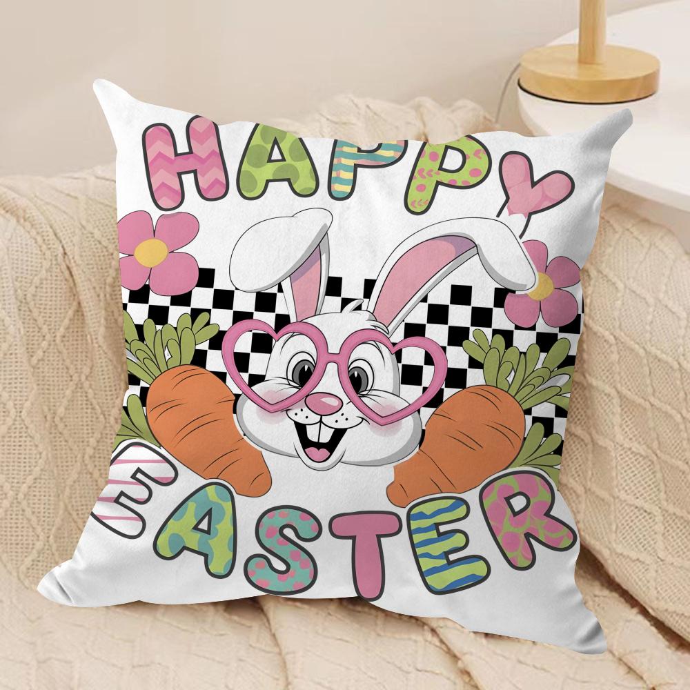 Happy Easter Cartoon Cute Cushion Cover Silky Short Plush Invisible Zipper Dustproof Sofa Pillow Case For Home Decor