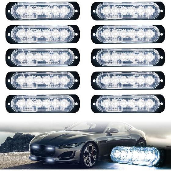10Pcs LED Emergency Strobe Light, Amber White 6-LED Ultra Slim Surface Mount Flashing Warning Hazard Caution Light Bar For Car Truck Off Road