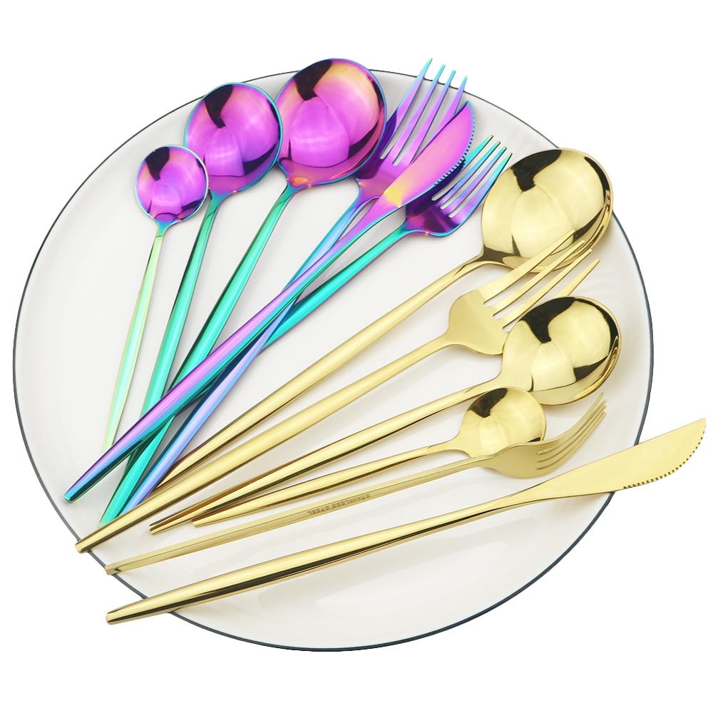 6Pcs/Set Gold Dinnerware Cutlery Set Mirror Stainless Steel Dinner Flatware Knife Dessert Fork Coffee Spoon Tableware Silverware Set