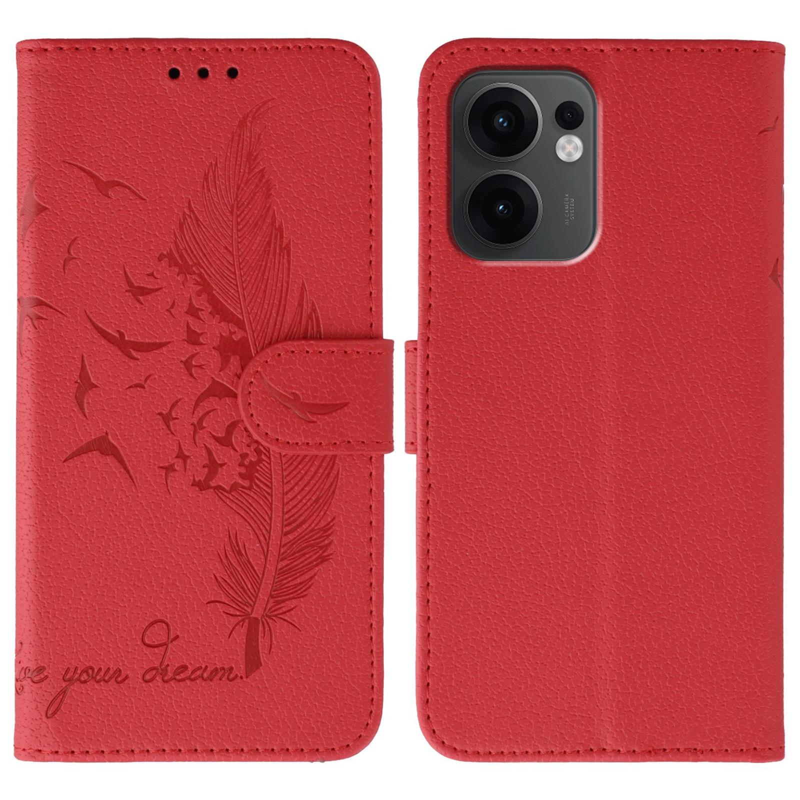 

For Oppo Reno13 F 4G/5G Case Feather Imprint PU Leather Wallet Phone Cover Red