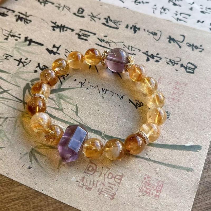 Natural Rutilated Quartz Bracelet With Large Beads Yellow Tower Crystal Handmade Boho Chic Womens Jewelry Gift 10mm Citrine Tower Quartz Amethyst Double Point