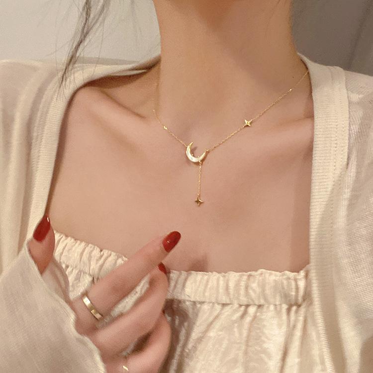 14K zircon moon star necklace light luxury high sense collarbone chain fashion ins style versatile necklace