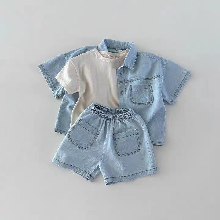 Korean Version Short Sleeved Denim Shirt Shorts Set Boys Girls Summer Fashionable Two Piece Set