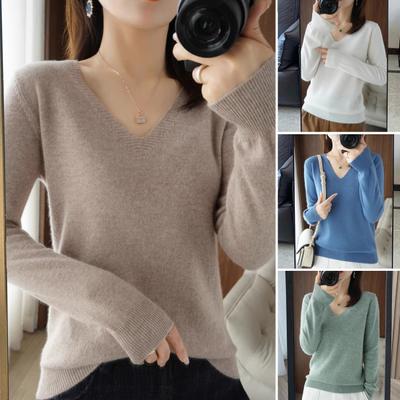 Women Sweater V-Neck Long Sleeve Solid Color Knit Tops Regular Fit Elastic