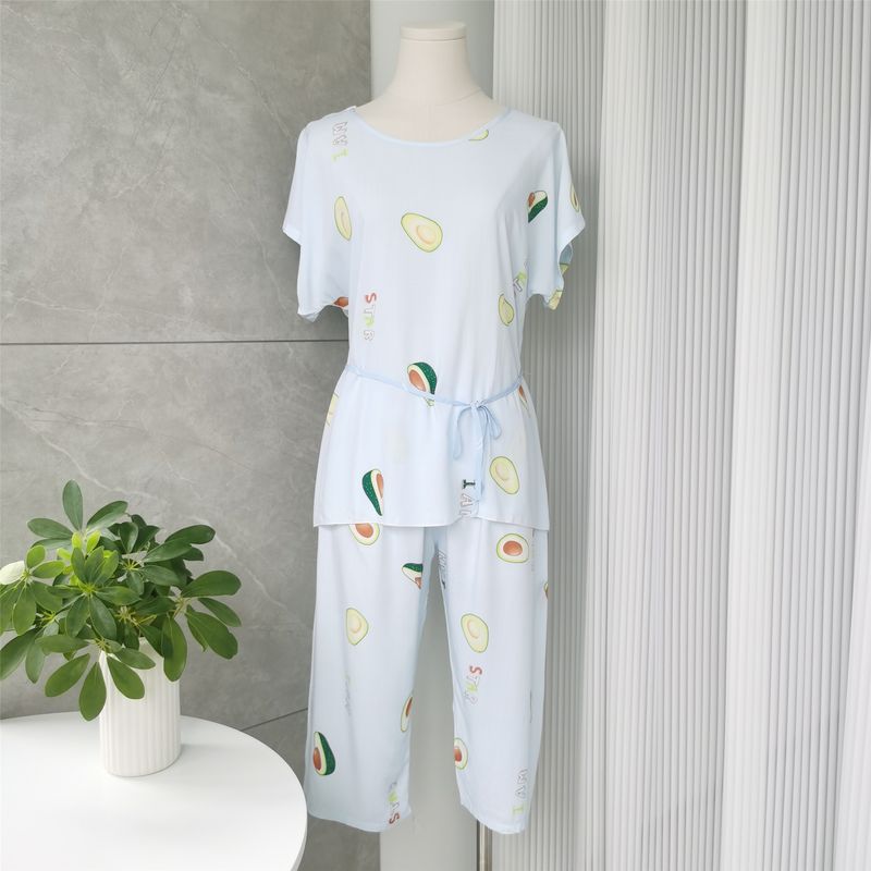 Summer High-End Poplin Pajamas Homewear Suit Loose Clothes round Neck Short Sleeve Cropped Pants Print Pullover Pajamas