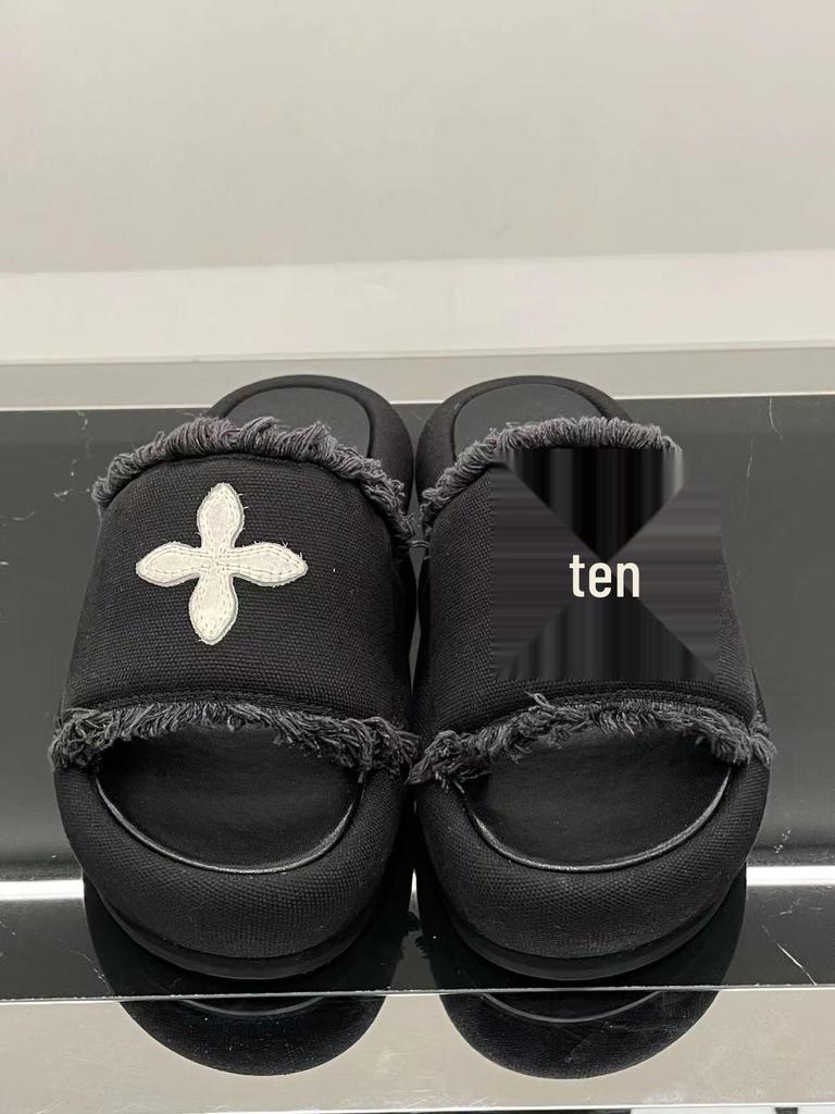 2024 High-Version SMF-K Fur Slippers: Thick-Soled Leather & Velvet Cross Design in Black/Gray
