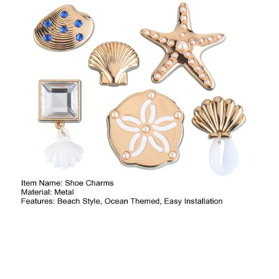6 Stuks/Set Zomer Strand Schoenschoonmakers, Goudkleurige Schelp Zeester Charms, Oceaan Thema Decoraties voor Klompen Vrouwen Meisjes Schoen Gaten