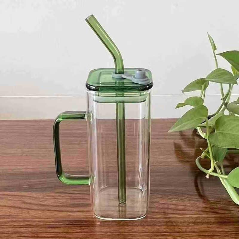Shangqi High Borosilicate Square Glass Cup with Handle and Straw
