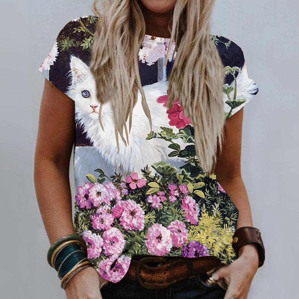 Sommer Rund Hals 3D Kattetrykk Topp Moteabel Casual Kort Ermet Dame T-skjorter