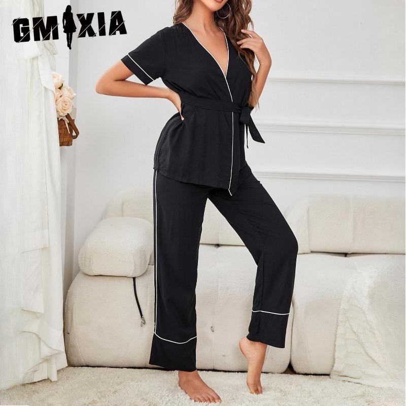 

GMXIA Женская пижама весна-лето открытая с коротким рукавом на шнуровке халат домашняя одежда из двух частей XL чёрный