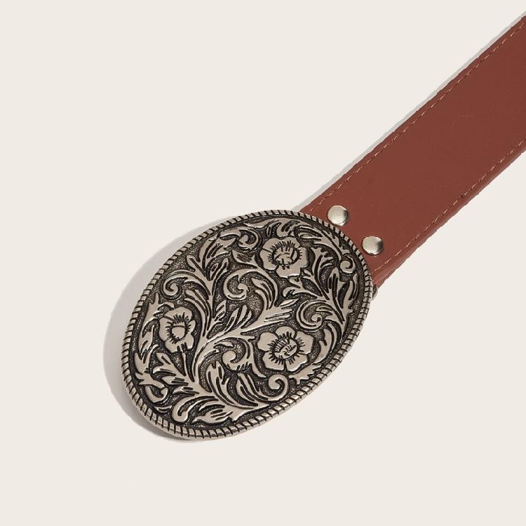 Wear Resistant Adult Waist Belts with Carved Buckle Female Decorative PU Belts