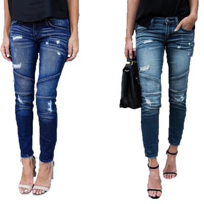 Skinny Denim Jeans Women Pencil Pants Ladies Slim Pleated Hole Stretch Sexy Denim Jean Trousers