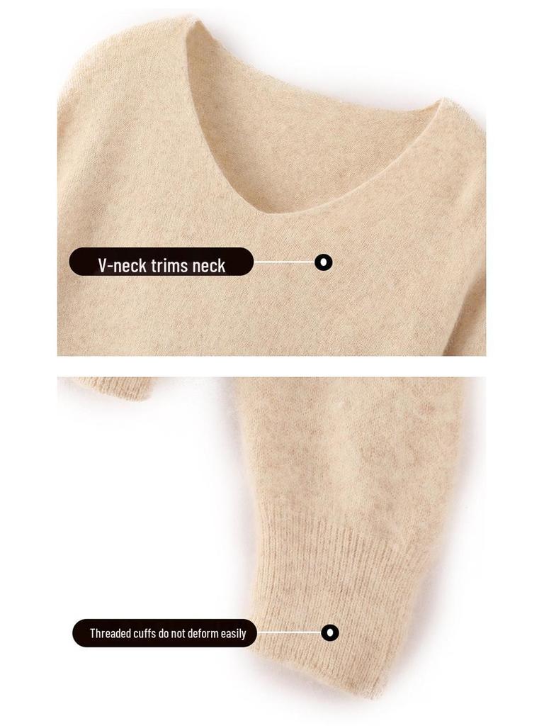 New Seamless Mink Velvet V-Neck Cashmere Sweater for Women - Loose Fit, Solid Color, Short Pullover Knitwear for Autumn and Winter