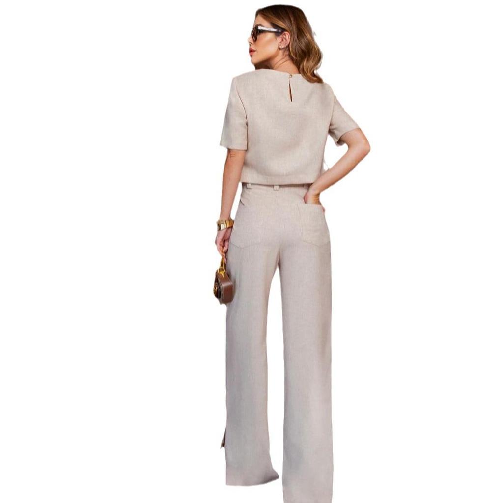 2024 Summer Chic Solid Color High Waist Set: Slim Top & Wide Leg Pants