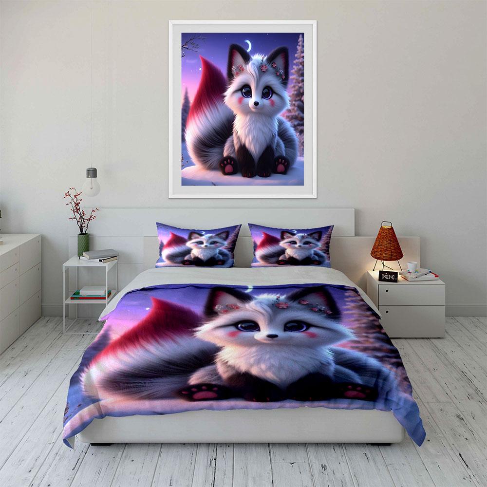 Cute Blue-Eyed Fox In Snowy Night Printed Duvet Cover Set1 Duvet Cover+2 Pillowcasemulti Size Bedroom Bedding Decor Luxury Gift