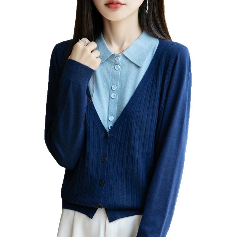 2025 A/W Women’s Loose Knit Cardigan – Polo Collar, Layered Look, Long Sleeve Outerwear
