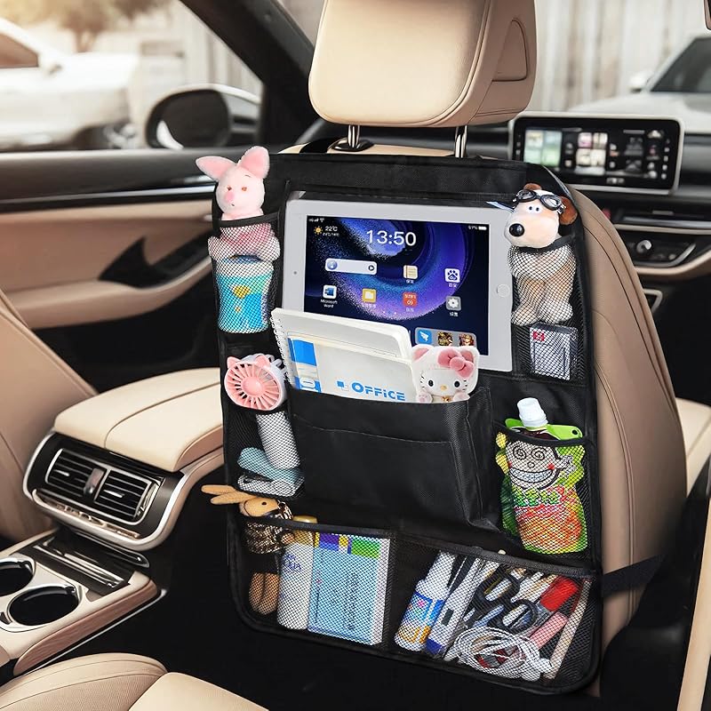 Backseat Car Organizer With Touch Screen Tablet Holder, Storage Pockets, Foldable Food Tray, Kick Mats Back Seat Protector, Travel Accessories For