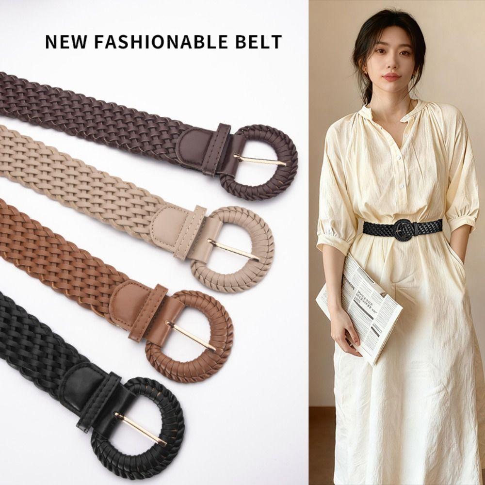 Vintage Woven Weave Belt Hollow Out Round Retro Belt PU Leather Wide Bohemian Style Waistband Dress Decoration