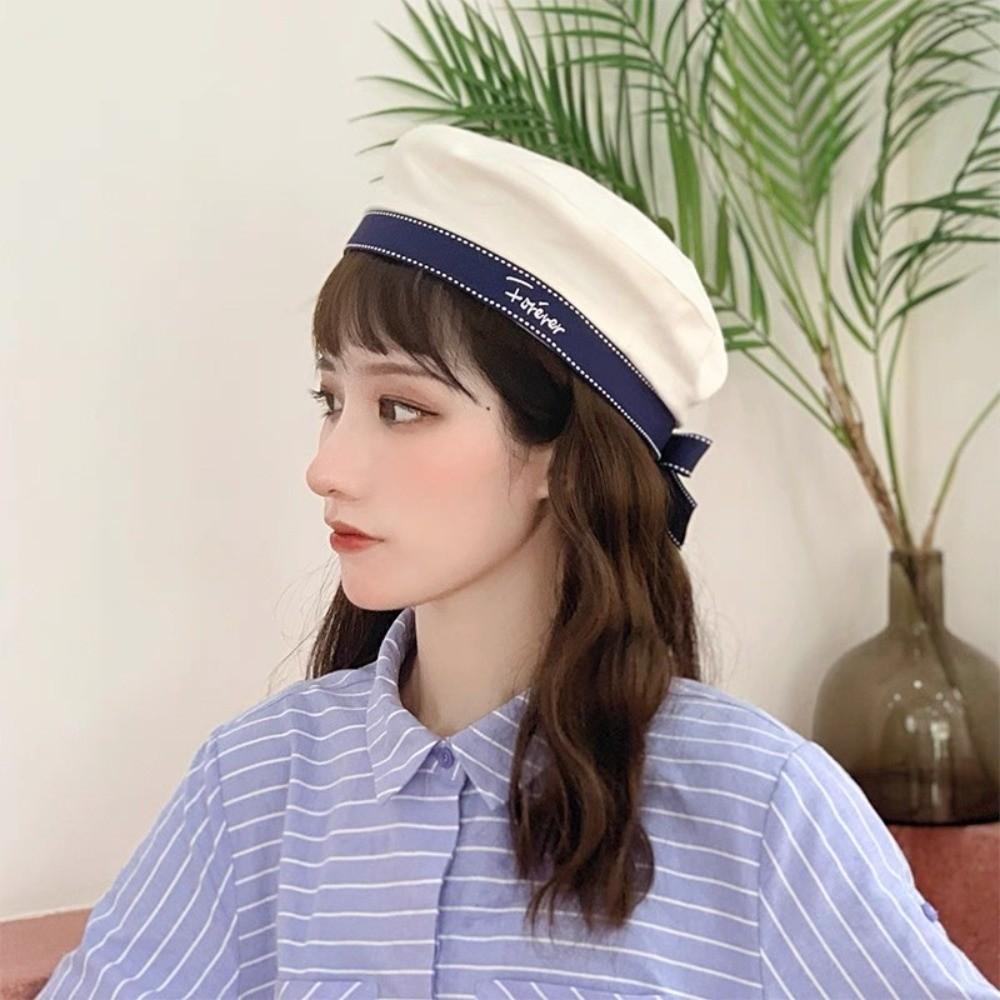 Sweet White Sailor Hat Korean Style Octagonal Cap Casual Painter Hat Spring Summer