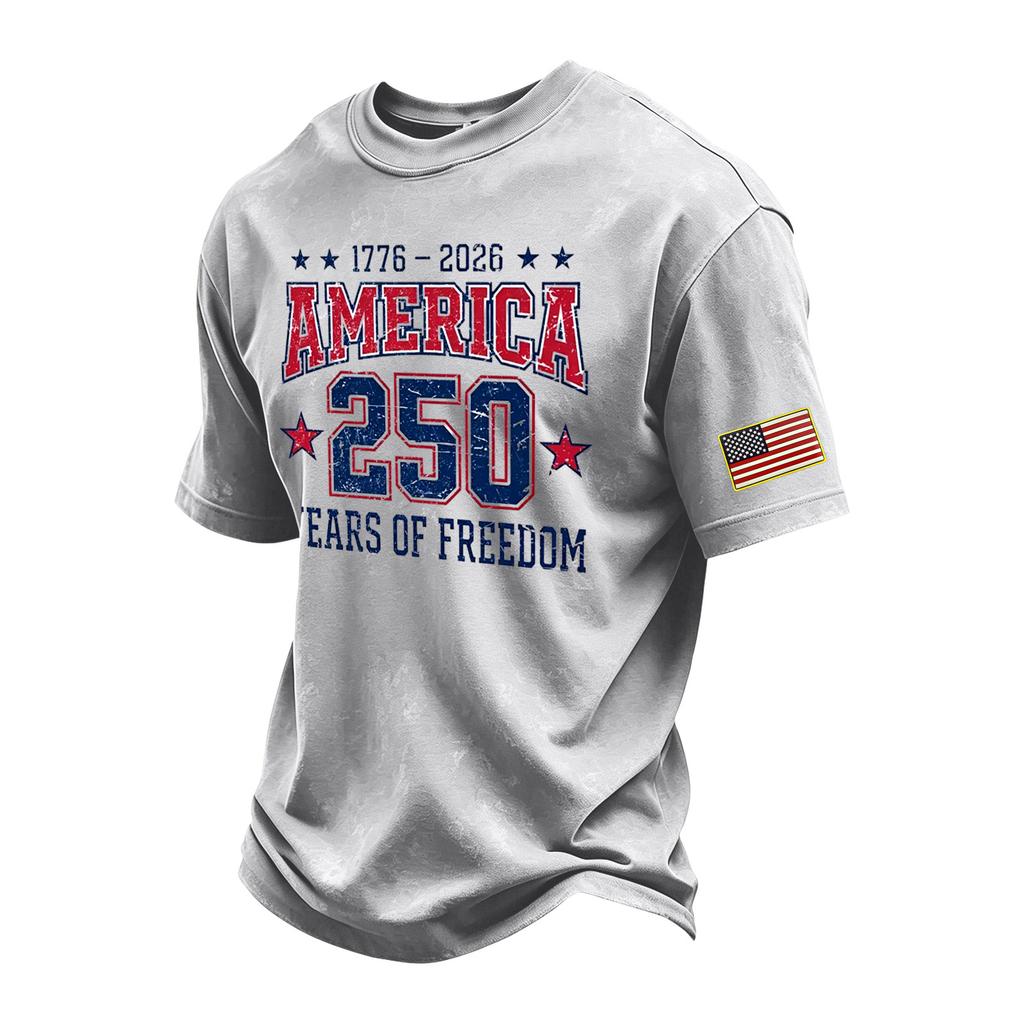 Men's Vintage Washed Crew Neck Short Sleeve T Shirt America 250 Years of Freedom Independence Day Graphic Tee Casual Fit