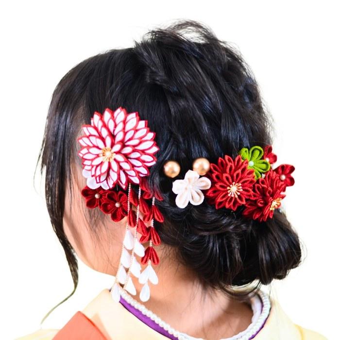 Lulu s Hair Ornament Lulu s-1816 – Red & White Dalia, Wisteria, Baby s Breath, Tamamizushi – 1 Piece