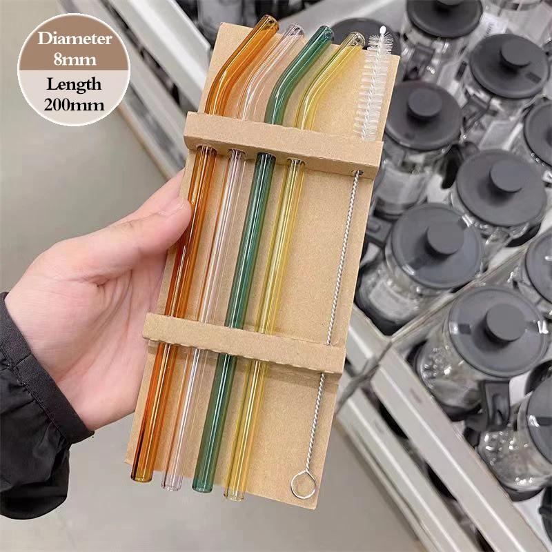4PCS Reusable Glass Straws Multi-Color Drinking Straw for Milk Tea Juice Cocktail Straight & Bent Straw with Cleaning Brush