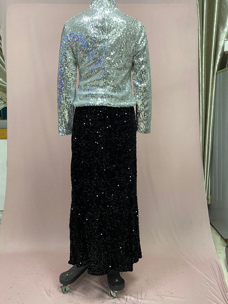 2025 High Waist Sequined Midi Skirt with Elastic Back Slit for Women