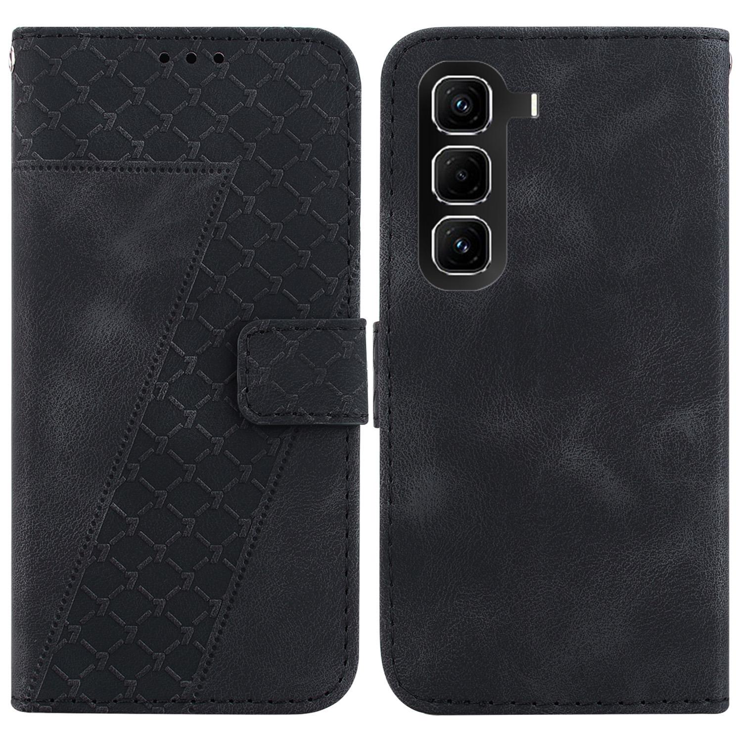 

For Infinix Hot 50 Pro 4G Stand Case 7-Shaped Pattern Imprint Leather Phone Cover with Strap Black
