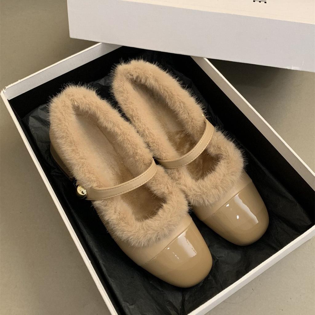 Fashion Elegant Metal Buckle Mary Janes Woman 2024 Comfort Fur Low Heel Dress Shoes Ladies Winter Warm Plush Belt Pumps Zapatos De Mujer