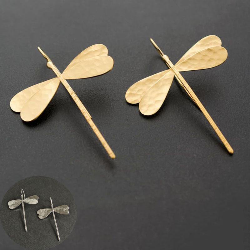 Gold Hammered Metal Dragonfly Dangle Earrings for Women - Minimalist Insect Accessories