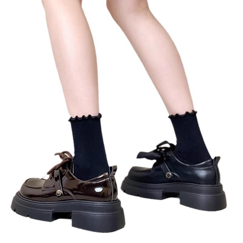 Small Leather Shoes Women's New Spring and Autumn Style Bow Retro British Style Platform Height Increase Mary Jane Loafers