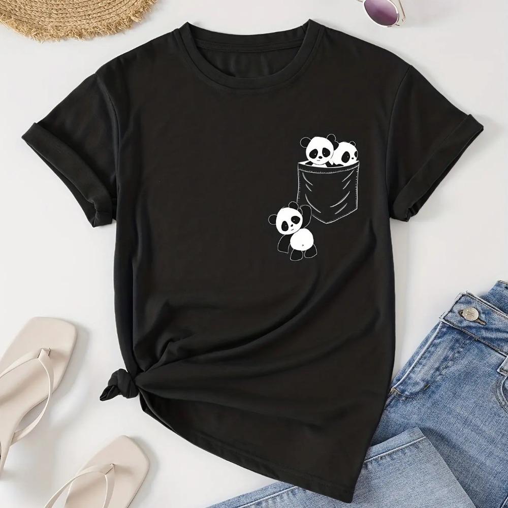Panda Print Crew Neck T-Shirt, Casual Short Sleeve T-Shirt For Spring & Summer, Casual Basics O-collar Women's Clothing