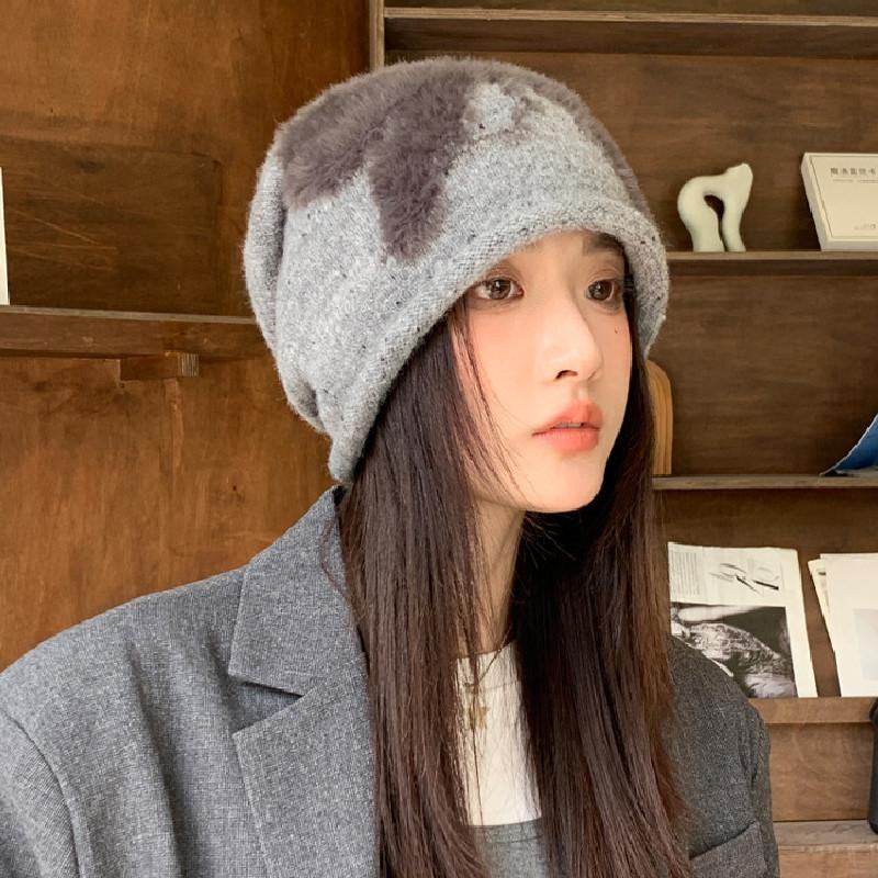 Splicing Fashion Plush Design Women Casual Knitted Hat For Autumn Winter And