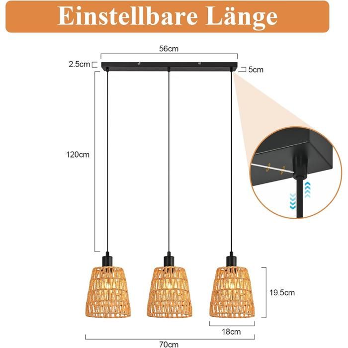 Suspension - NETTLIFE - Bohème - 3 lampes E27 - Abat-jour osier - Noir