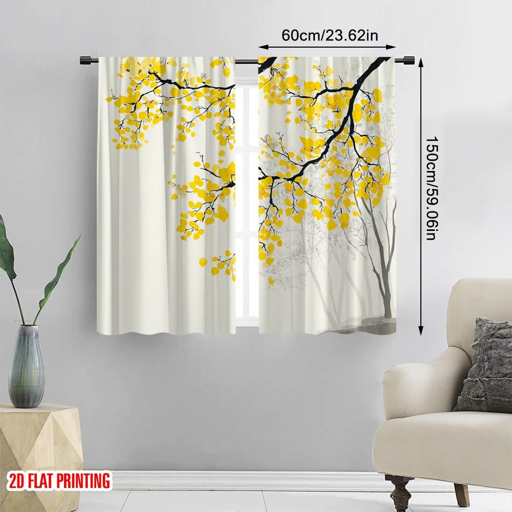 2pcs 2D flat printing Window Curtains Yellow Leaves Branches Tree Digital Printed Polyester Drapes Festive Holiday Use for